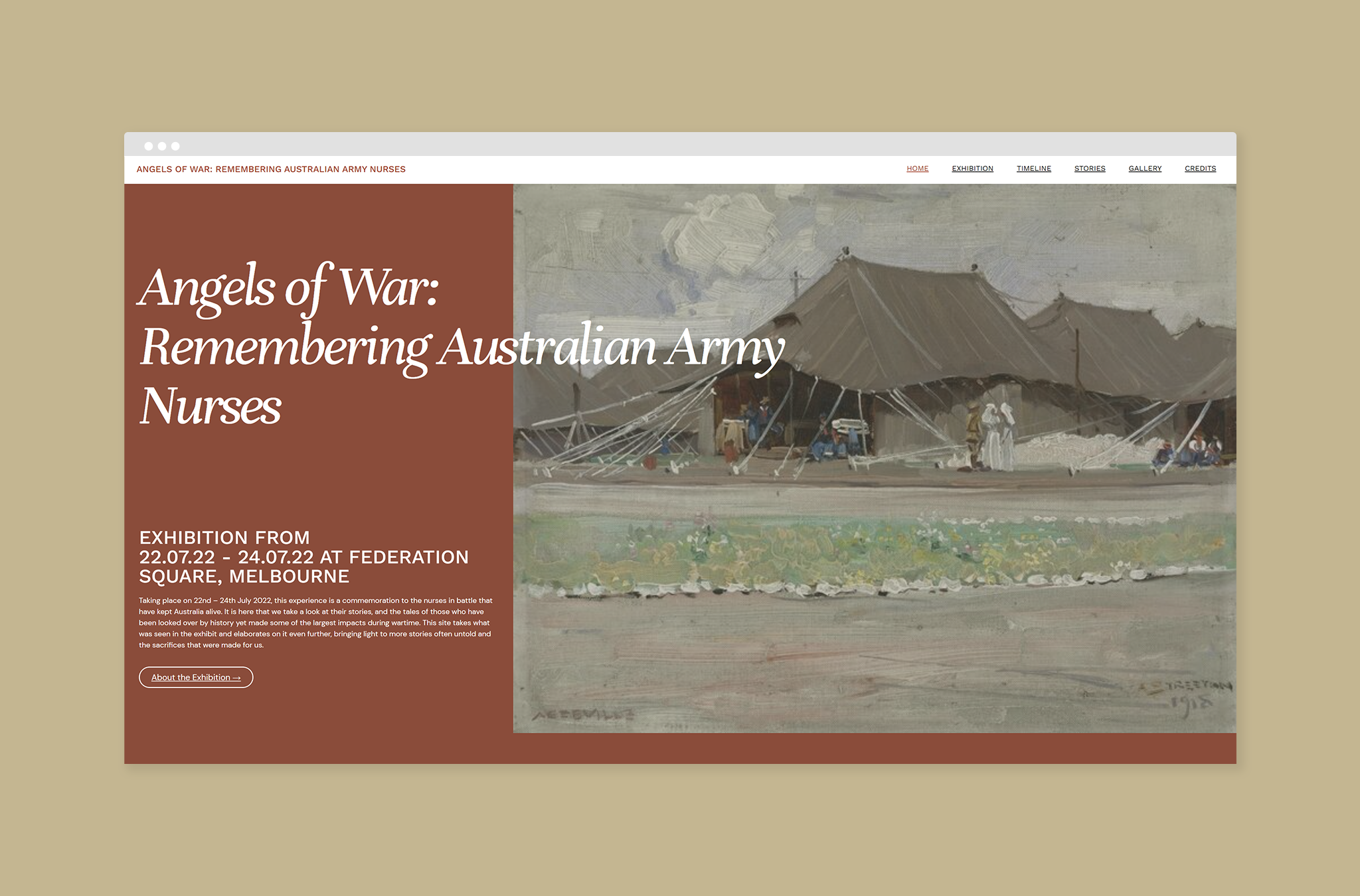 The desktop website home screen promoting the exhibit.
