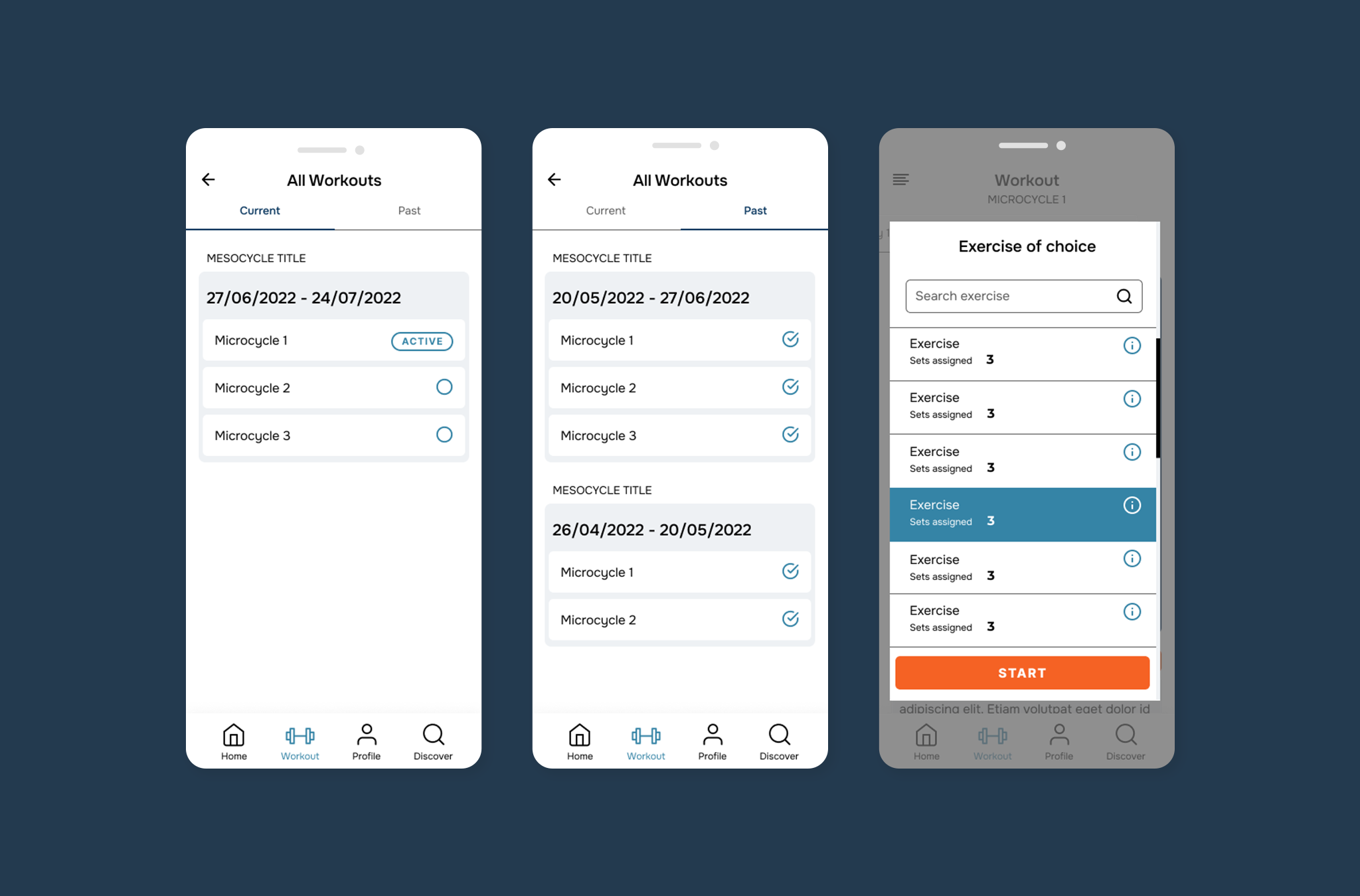 App screens with the past and current workout programs and an example of a popup/modal box design.